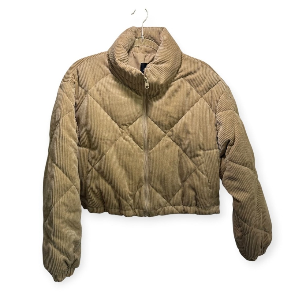 Love Tree Corduroy Quilted Khaki Cropped Puffer Jacket Coat L Beige Zip Mock